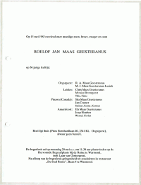 Overlijdenskaart R.J. (Roel) Maas Geesteranus (1985)